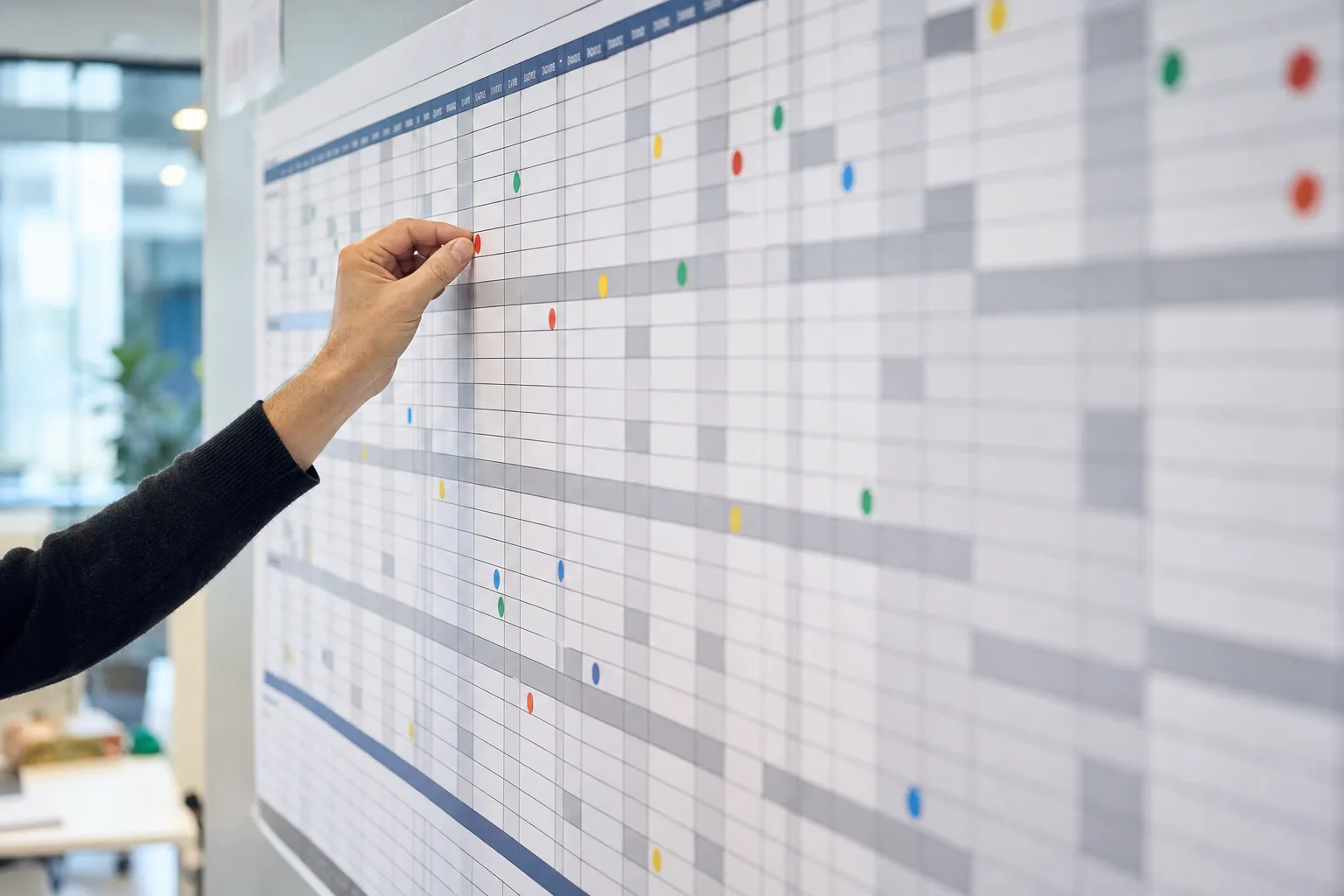Calendrier mural annuel affiché dans un bureau, une main y posant une pastille adhésive de couleur