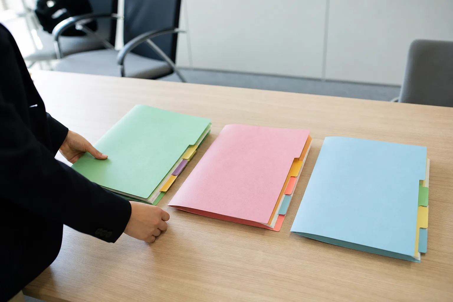 Trois chemises de dossier cartonnées de couleurs différentes posées côte à côte sur une table en bois clair