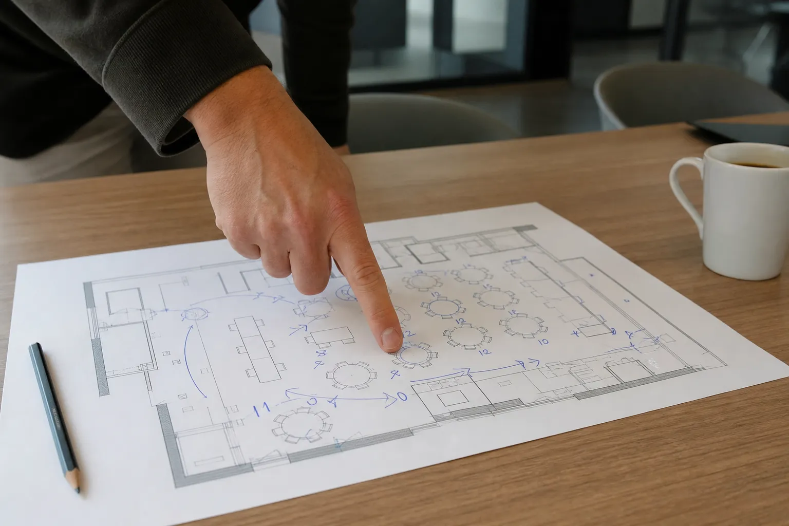 Plan de salle imprimé et annoté au stylo, posé à plat sur une table de réunion