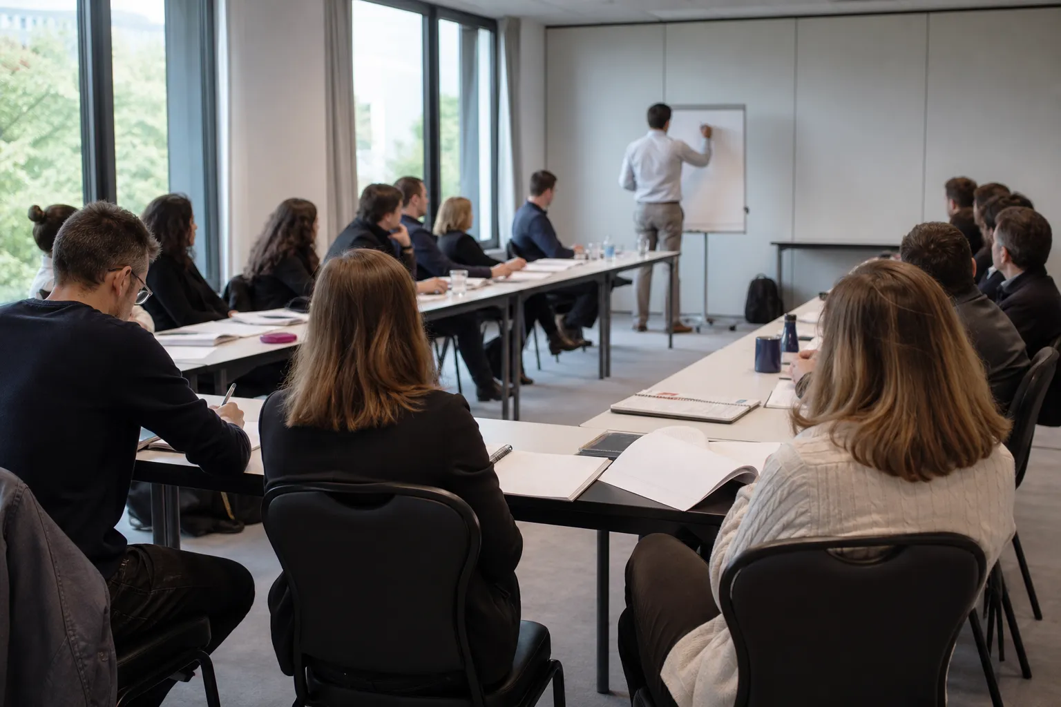 Journée d’étude en tables en U, une personne debout écrivant au paperboard, dossiers ouverts sur les tables