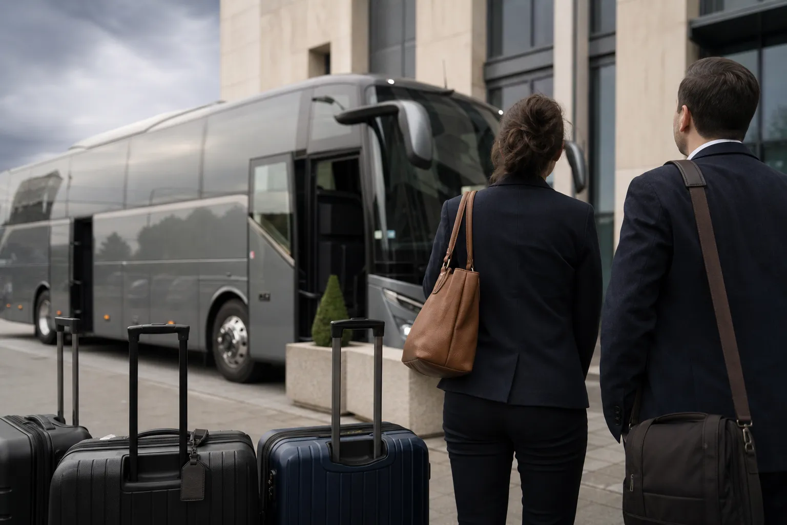 Autocar de tourisme stationné devant un bâtiment sobre, valises de cabine alignées au sol au petit matin