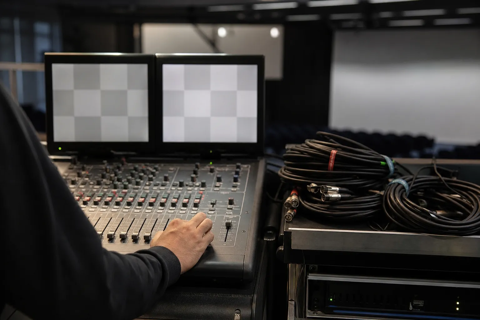 Régie technique rangée, pupitre de mixage audio et câbles lovés, une main réglant un curseur